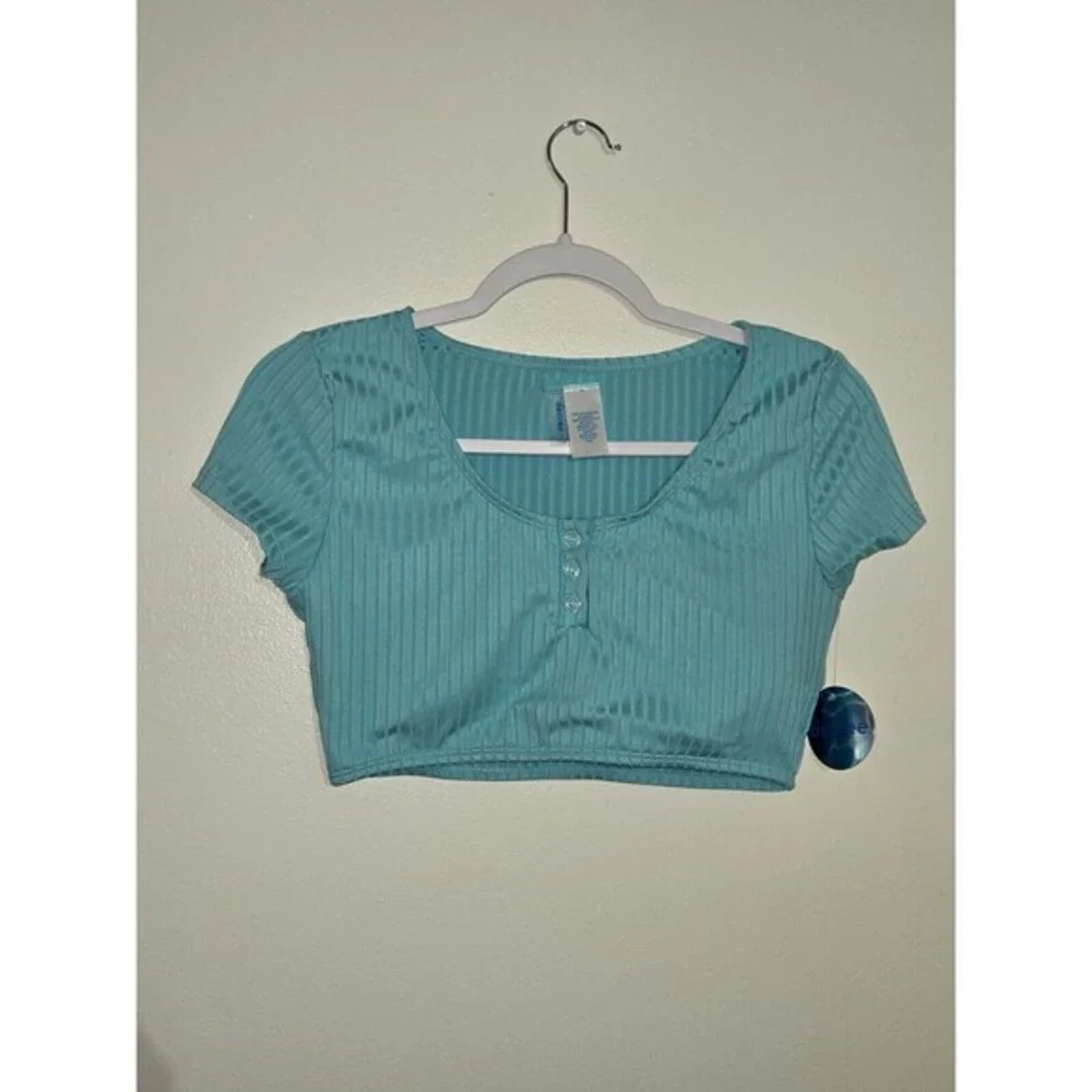 Decree Light Blue Ribbed Swimtop Crop Top‎ Midkini Juniors Size Large
